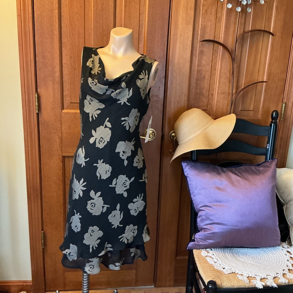Jones New York Black and Gold Floral Midi Dress